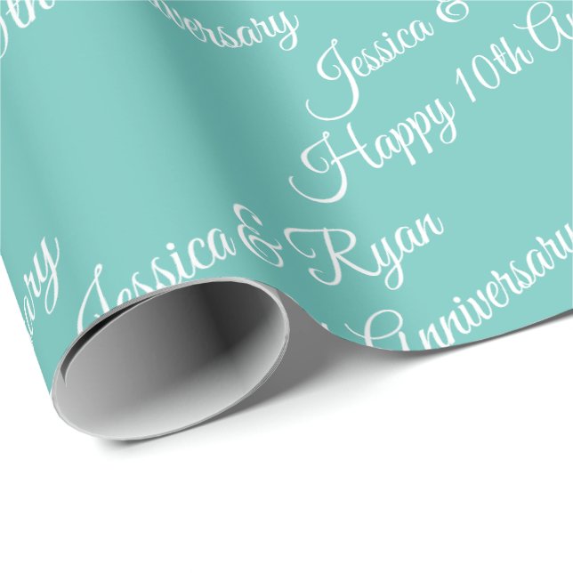 Personalise Names, Happy Anniversary, Light Teal Wrapping Paper (Roll Corner)