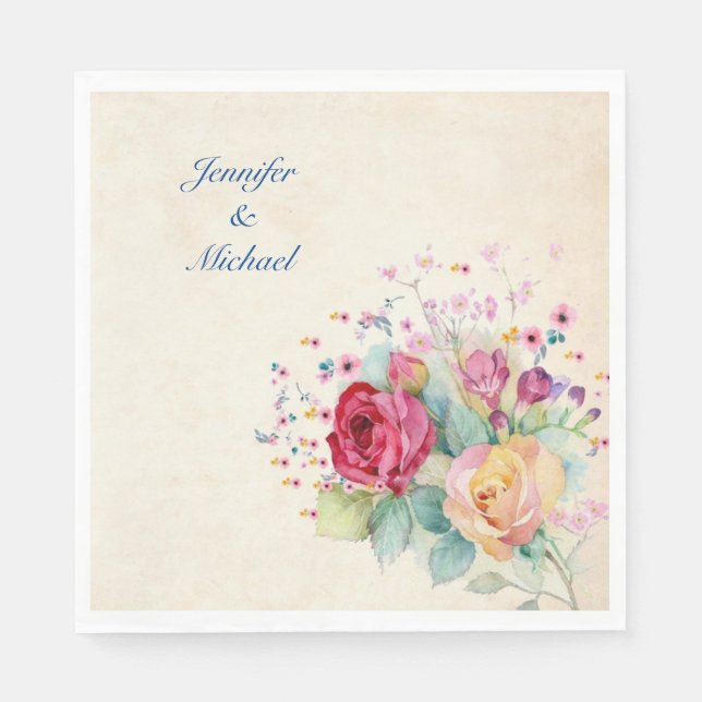 Personalise Names & Text Wedding Spray of Roses Napkin (Front)