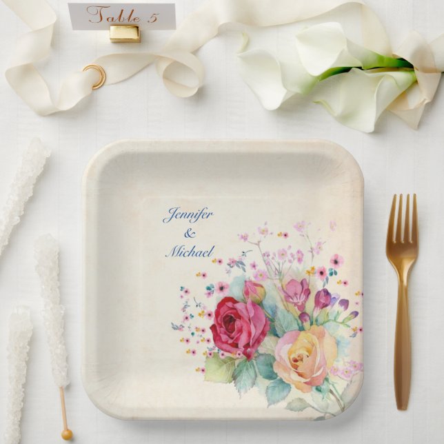 Personalise Names & Text Wedding Spray of Roses Paper Plate (Wedding)