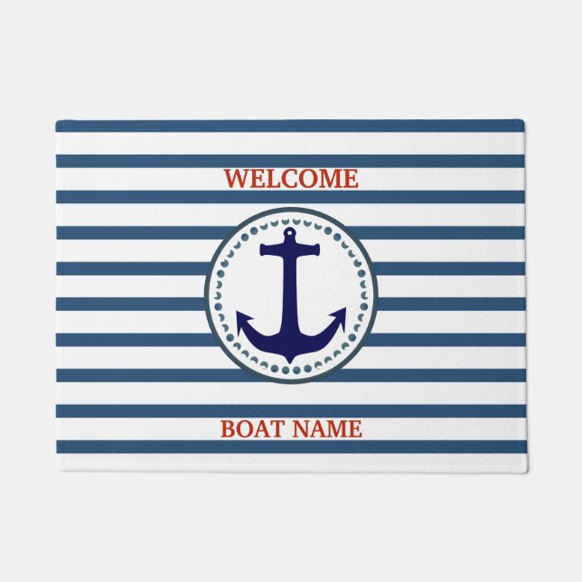 Personalise Nautical Blue Welcome Boat Name Stripe Doormat (Front)