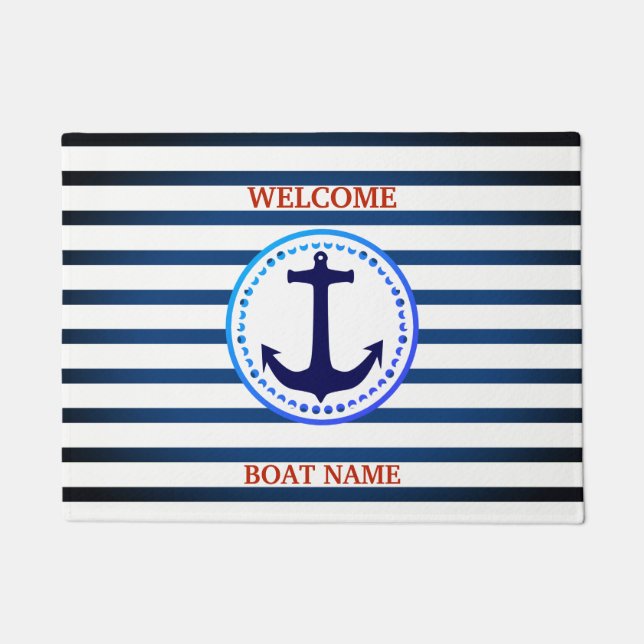 Personalise Nautical Blue Welcome Boat Name Stripe Doormat (Front)