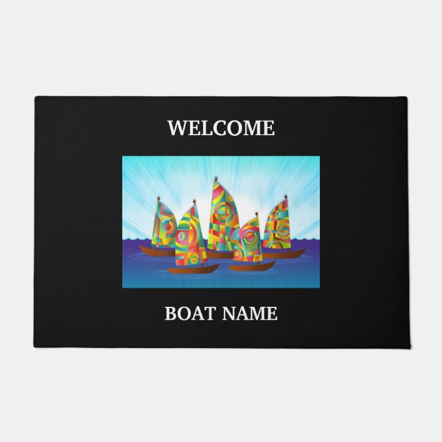 Personalise Nautical Blue Welcome Boat Name Stripe Doormat (Front)