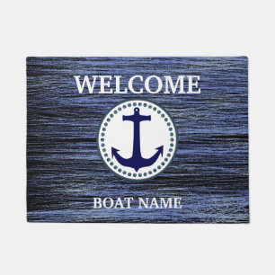 Personalise Nautical Blue Welcome Boat Name Stripe Doormat