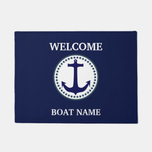 Personalise Nautical Blue Welcome Boat Name Stripe Doormat