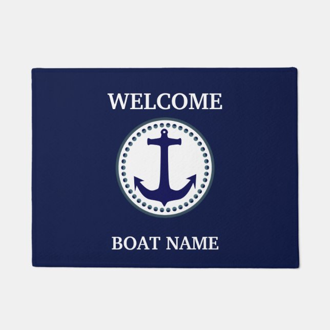 Personalise Nautical Blue Welcome Boat Name Stripe Doormat (Front)