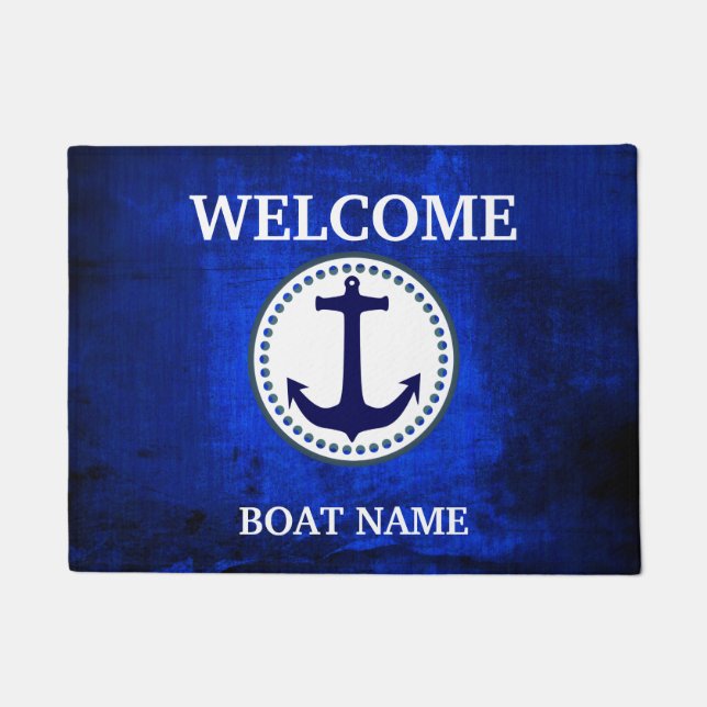 Personalise Nautical Blue Welcome Boat Name Stripe Doormat (Front)