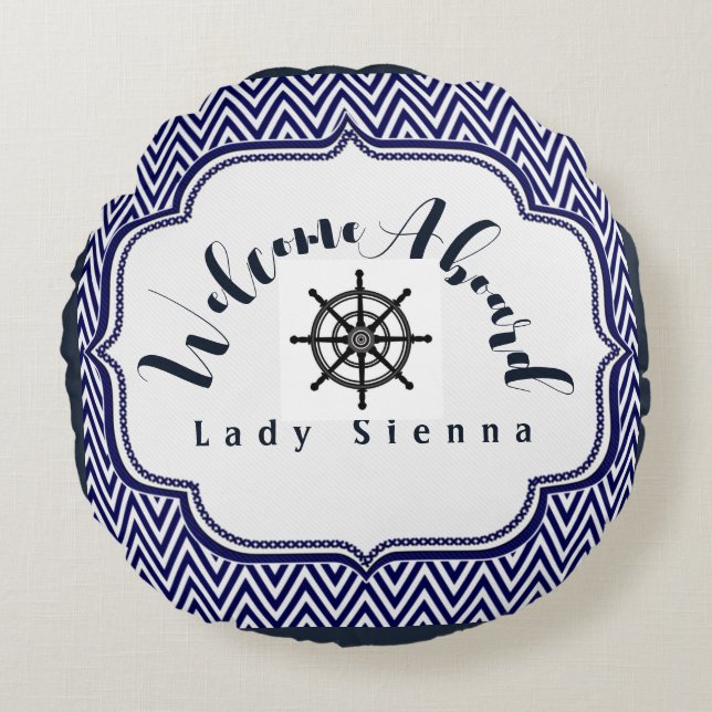 Personalise Navy Blue and White with Ship Wheel  Round Cushion (Front)