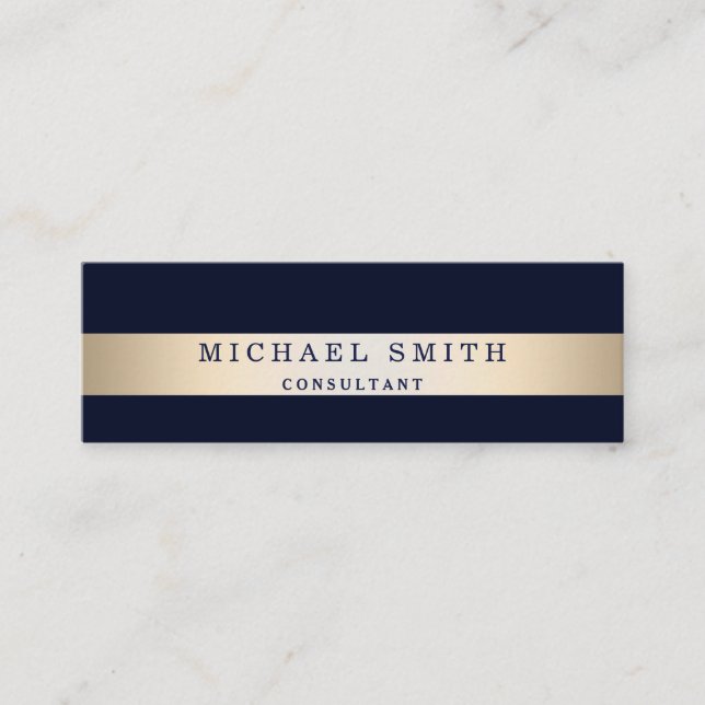 Personalise Navy Blue Faux Gold Foil Striped Mini Business Card (Front)