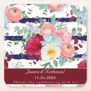 Personalise Navy White Stripe Style Mixed Bouquet  Square Paper Coaster