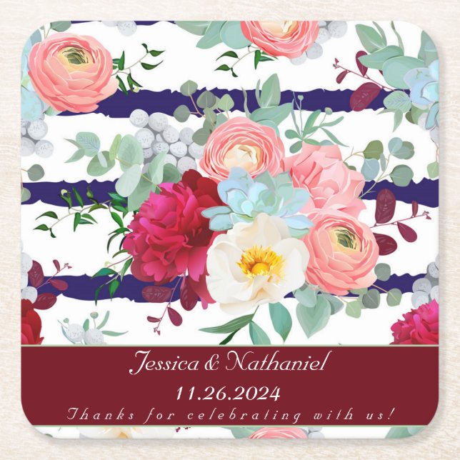 Personalise Navy White Stripe Style Mixed Bouquet  Square Paper Coaster (Front)