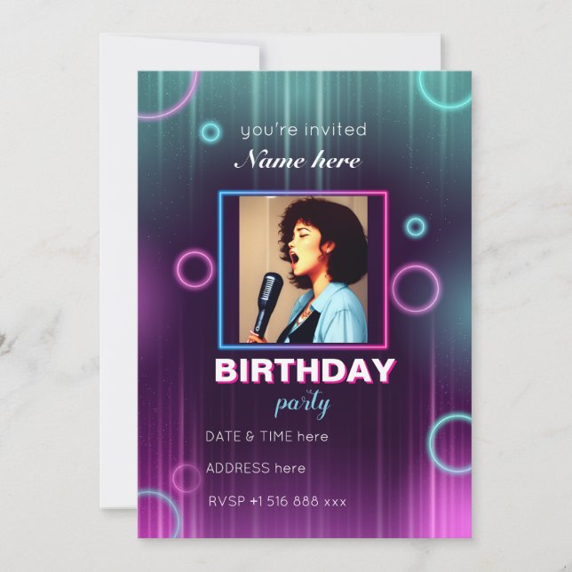 Personalise neon music birthday party invitation (Front)