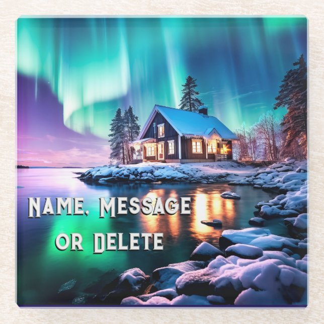 Personalise Northern Lights Rustic, Cabin Coasters (Front)