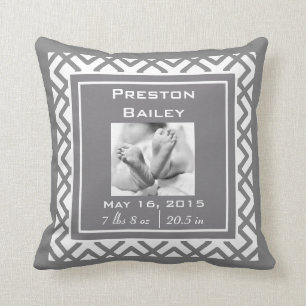 Personalise Nursery Birth Announcement, Grey Cushion