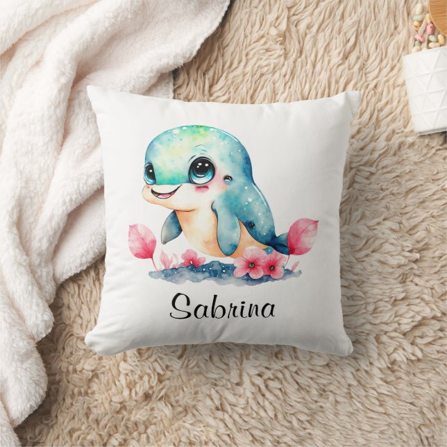 Personalise Nursery Kids Room Dolphin Watercolor Cushion (Blanket)