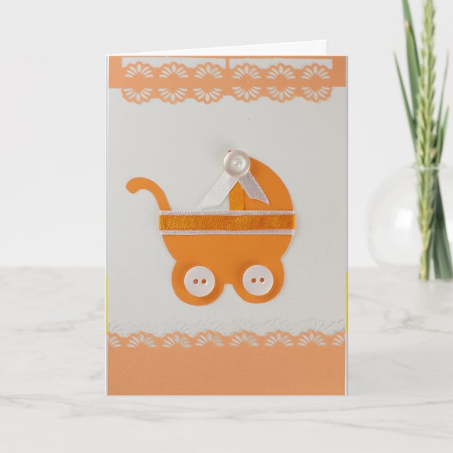Personalise Orange baby carriage with white button Card (Front)