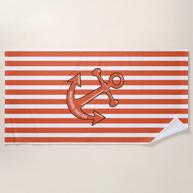 Personalise Orange Cabana Stripes Anchor Beach Towel (Front)