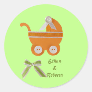 Personalise Orange carriage baby shower Classic Round Sticker