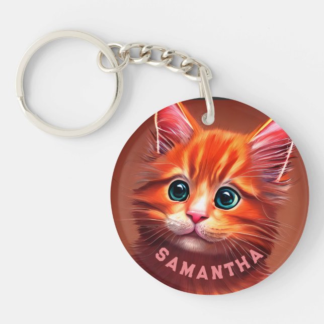 Personalise Orange Maine Coon Kitten Art T-Shirt Key Ring (Front)