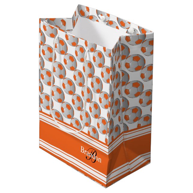 Personalise Orange Soccer Balls Medium Gift Bag (Front Angled)