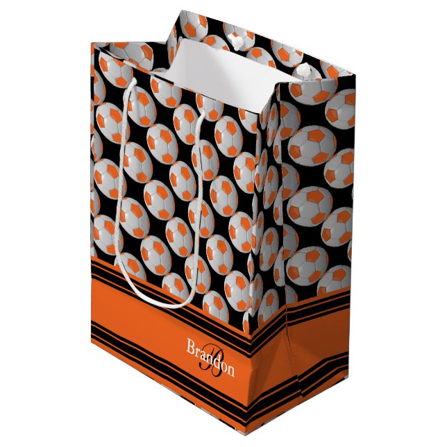 Personalise Orange Soccer Balls Medium Gift Bag (Front Angled)