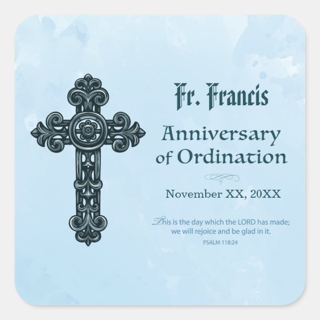 Personalise, Ordination Anniversary Priest, Cross Square Sticker (Front)