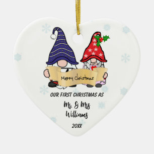 Personalise Our First Christmas Gnomes Heart Ceramic Tree Decoration