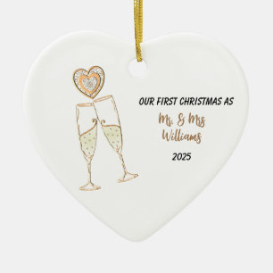 Personalise Our First Christmas Heart & Champagne Ceramic Tree Decoration