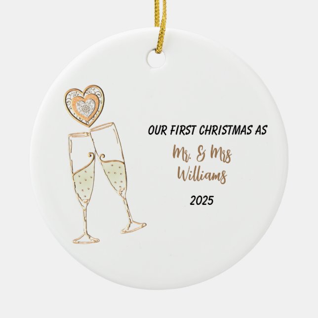Personalise Our First Christmas Heart & Champagne Ceramic Tree Decoration (Front)