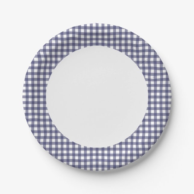 Personalise paper plate Navy Blue Gingham pattern (Front)