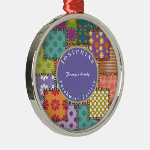 Personalise Patchwork Pattern Flowers Polka Dot   Metal Tree Decoration