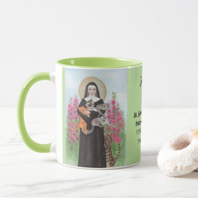 Personalise Patron Saint of Cats Gertrude Coffee Mug (With Donut)