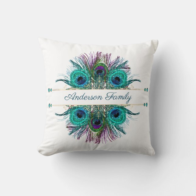 Personalise Peacock Feathers Teal Purple Blue Gold Cushion (Front)