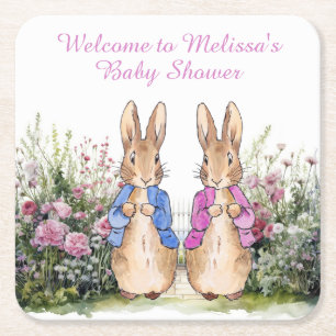 Personalise Peter and Flopsy Baby shower with name Square Paper Coaster