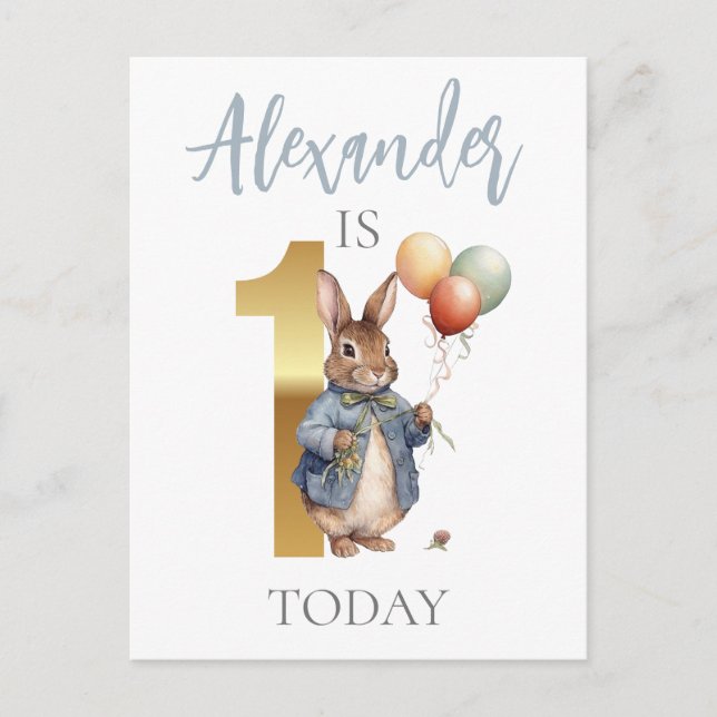 Personalise Peter the rabbit First birthday Postcard (Front)