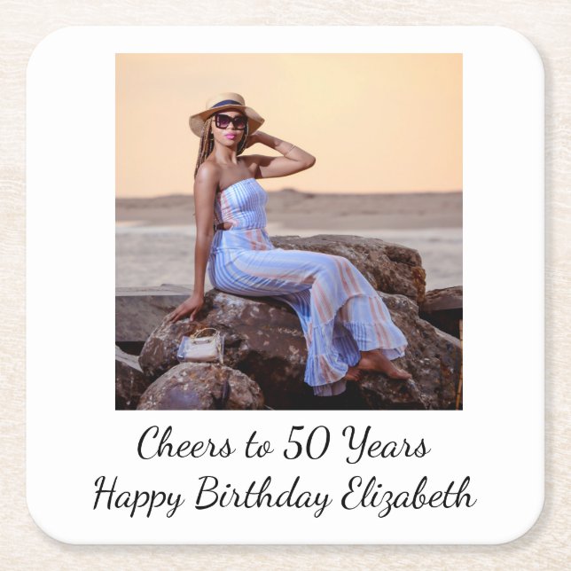 Personalise Photo Birthday Party for Him or Her Square Paper Coaster (Front)