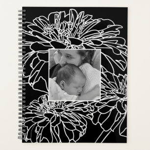 Personalise photo black white floral line drawing planner