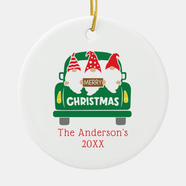 Personalise Photo Christmas Gnomes Truck Christmas Ceramic Tree Decoration (Front)
