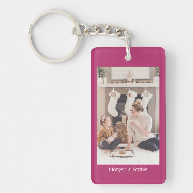Personalise Photo & Names, Deep Fuchsia Keychain (Front)