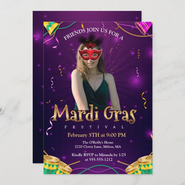 Personalise Photo Red Masquerade Masks Mardi Gras  Invitation (Front/Back)