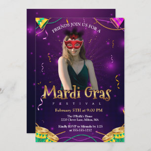 Personalise Photo Red Masquerade Masks Mardi Gras  Invitation