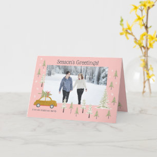 Personalise Photo Retro Woodland Pink Christmas Card