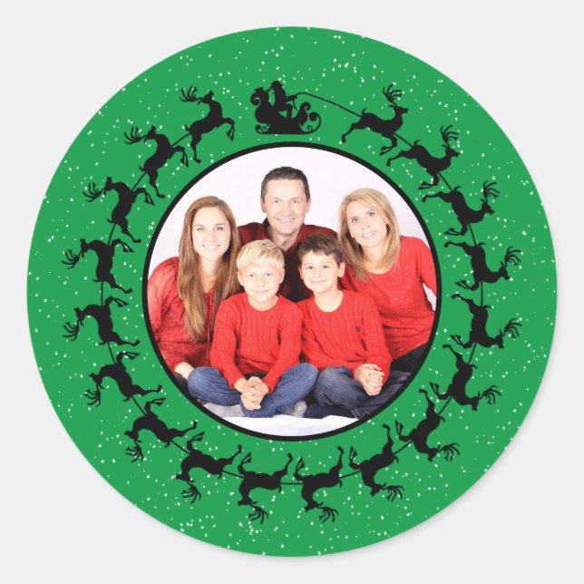 Personalise PHOTO Santa's Sleigh Christmas Green Classic Round Sticker (Front)