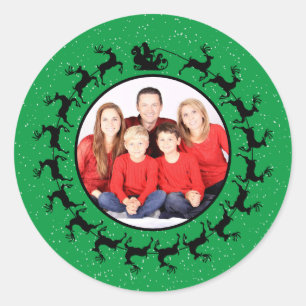 Personalise PHOTO Santa's Sleigh Christmas Green Classic Round Sticker