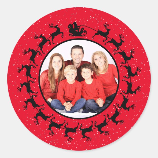 Personalise PHOTO Santa's Sleigh Christmas Red Classic Round Sticker (Front)