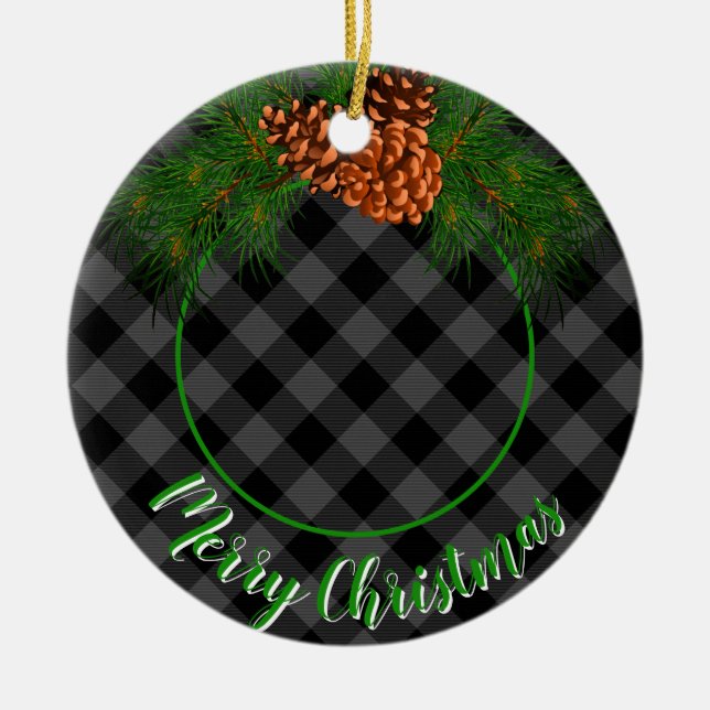 Personalise photo template grey plaid Holiday Pet  Ceramic Tree Decoration (Front)