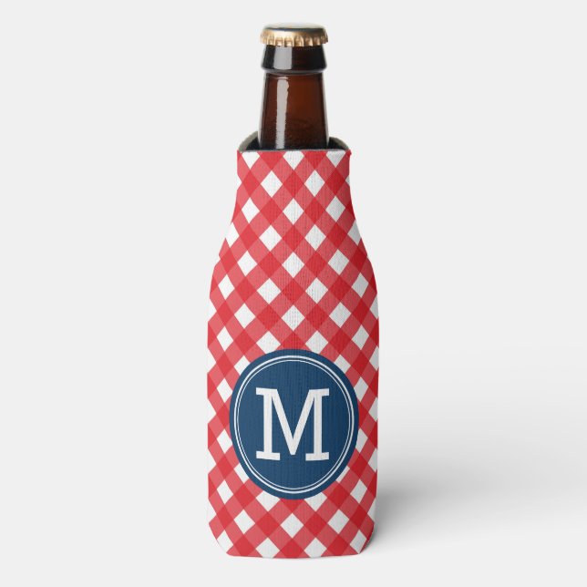 Personalise Picnic Red Gingham Monogram Bottle Cooler (Bottle Front)