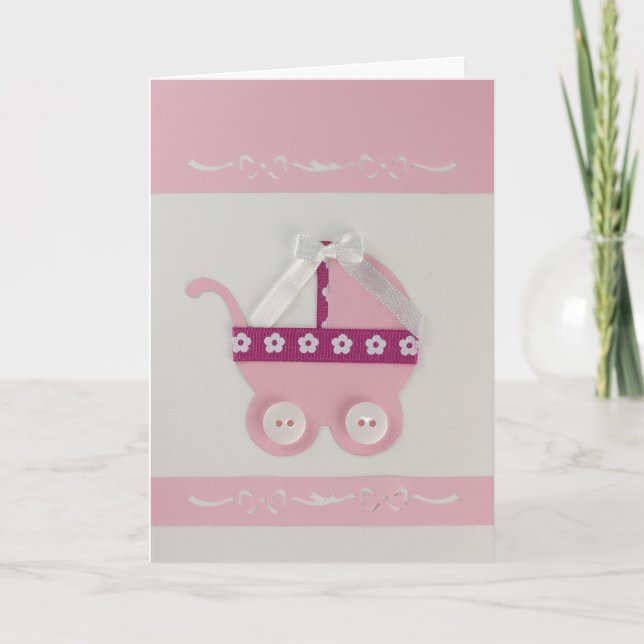 Personalise Pink baby carriage and white bow Card (Front)
