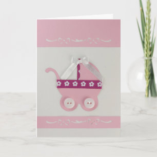 Personalise Pink baby carriage and white bow Card