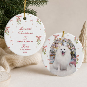 Personalise Pink Bow Mistletoe Pet Photo Christmas Ceramic Tree Decoration