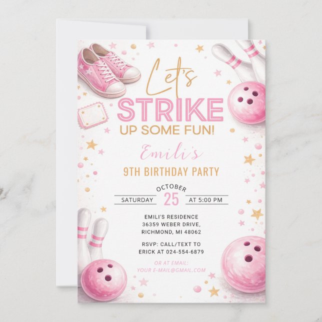 Personalise Pink Bowling Birthday Invitation (Front)